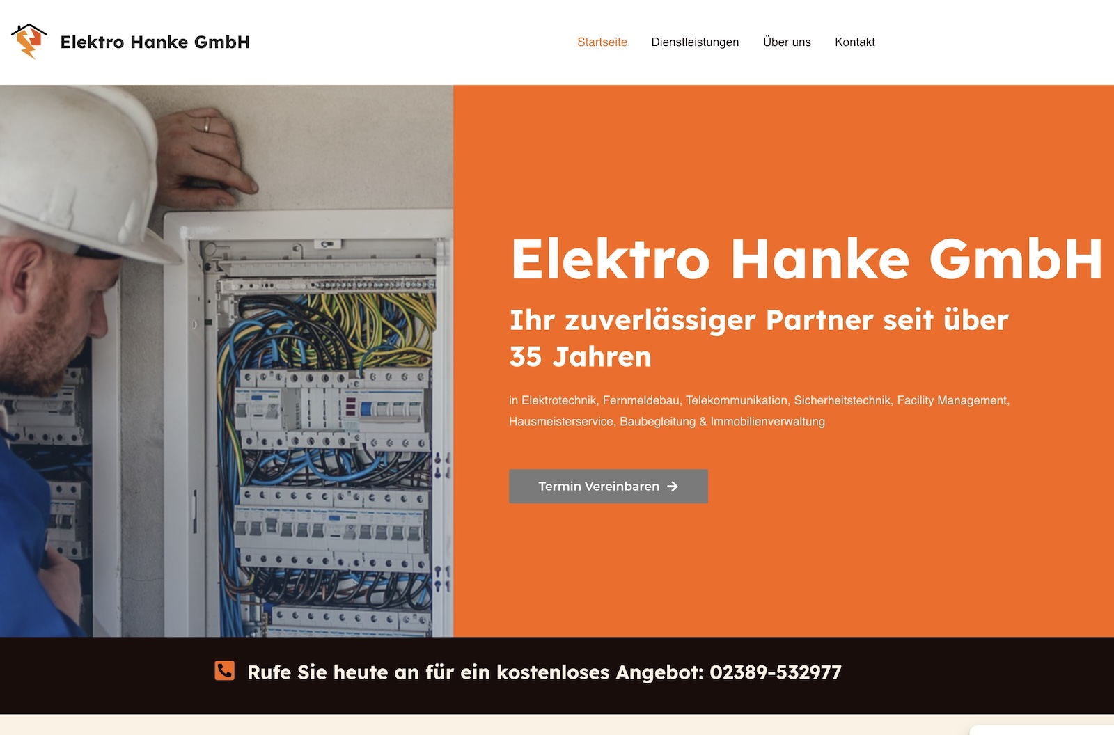 Screenshot der Startseite der Elektro Hanke GmbH Website