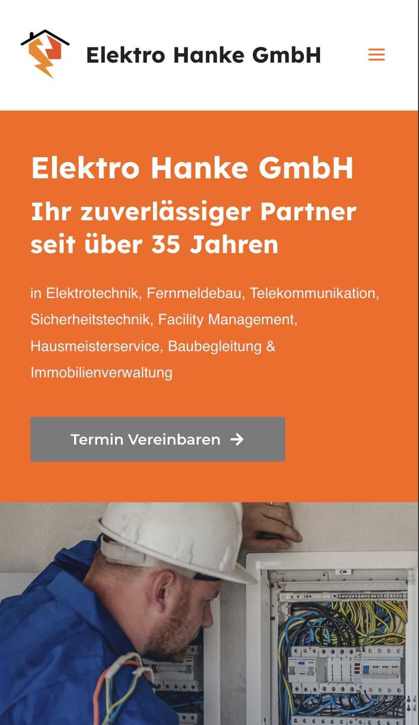 Smartphone-Ansicht der Elektro Hanke GmbH Website
