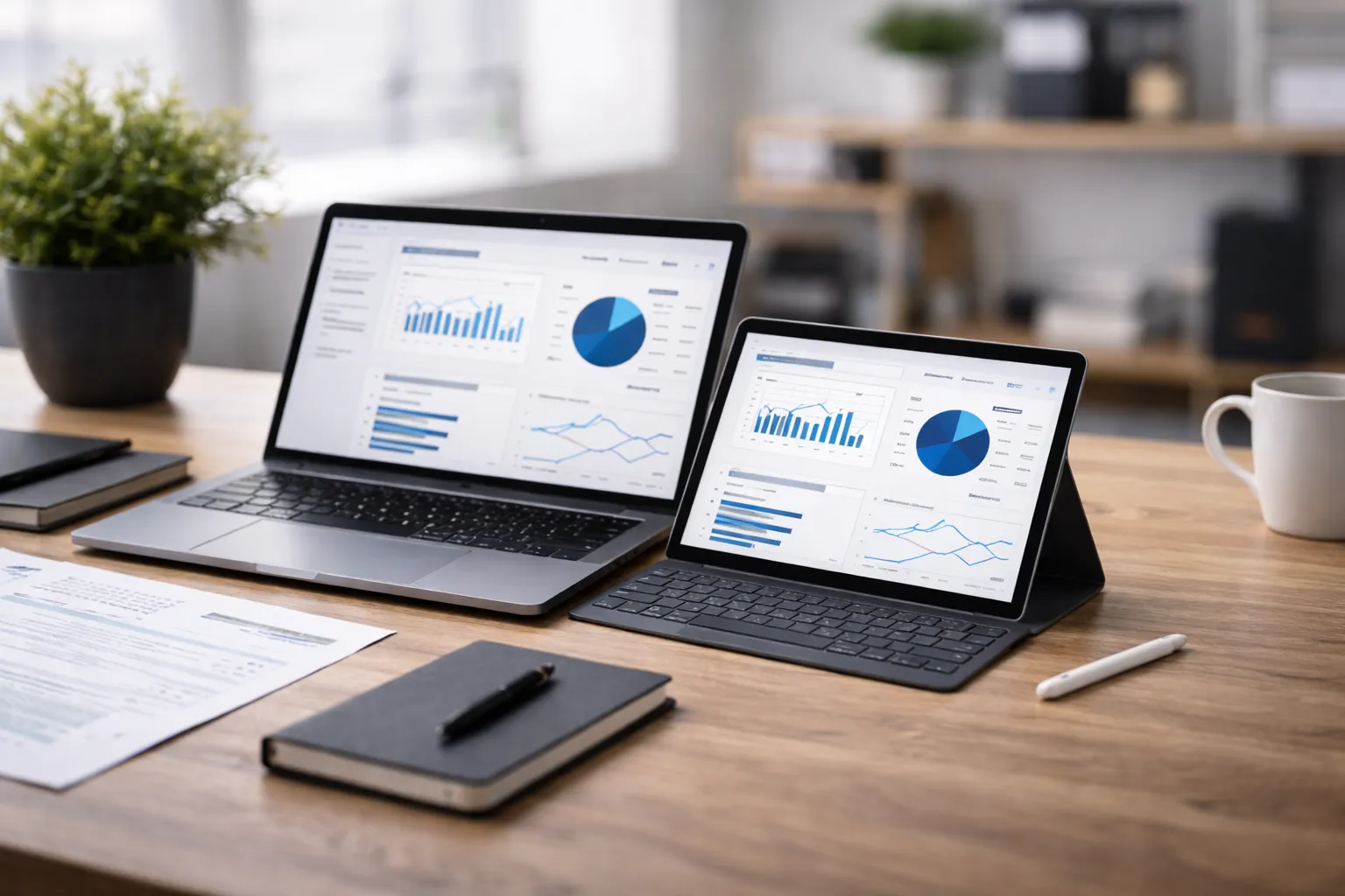 Laptop und Tablet mit Website-Analyse auf einem Schreibtisch