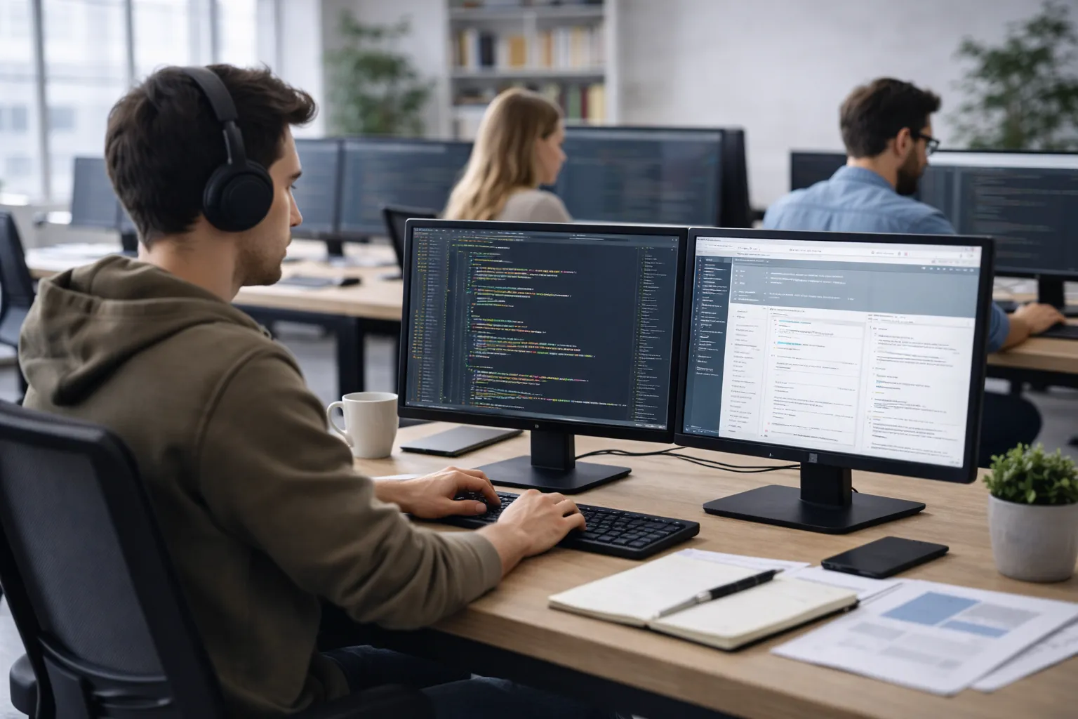 Mehrere Personen arbeiten an Rechnern an der Programmierung